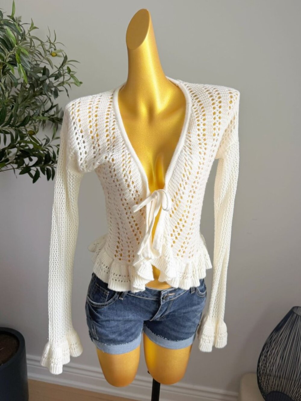 Ivory Crochet Knit Tie Front Ruffle Cardigan XS NWT